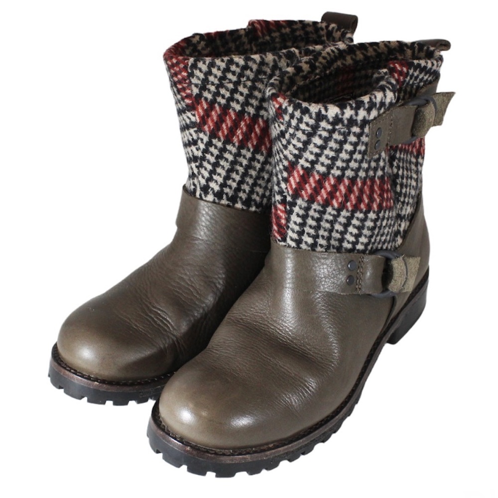 WOOLRICH Leather and Wool Ankle Boots Lug Sole Plaid Brown 7.5